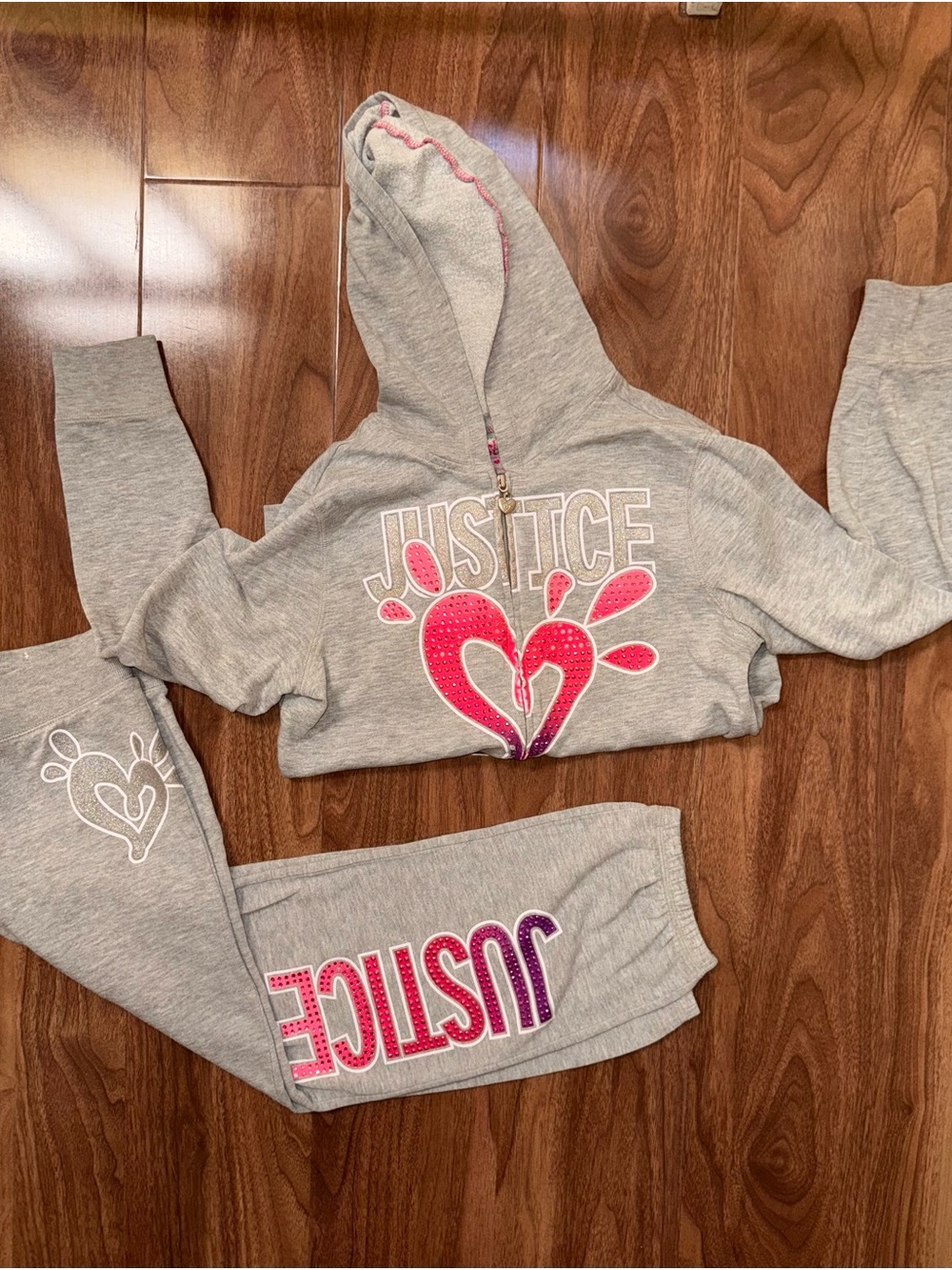 Justice Gray Hoodie & Jogger Set with Pink and Purple Heart Design